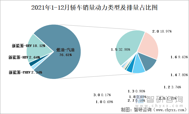 2021年1-12月轿车销量动力类型及排量占比图