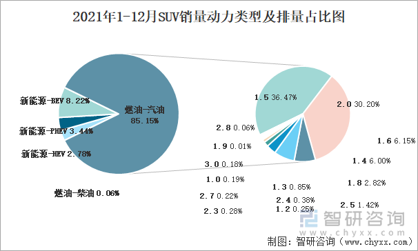 2021年1-12月SUV销量动力类型及排量占比图