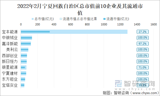 2022年2月宁夏回族自治区A股上市总市值前10强企业及其流通市值