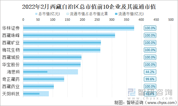 2022年2月西藏自治区A股上市总市值前10强企业及其流通市值