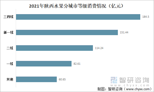 2021年陕西水果分城市等级消费情况（亿元）