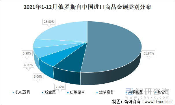 2021年1-12月俄罗斯自中国进口商品金额类别分布