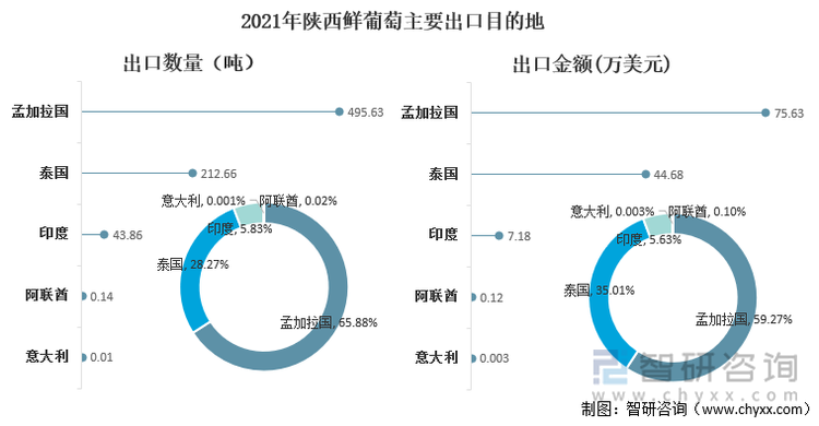 2021年陕西鲜葡萄主要出口目的地