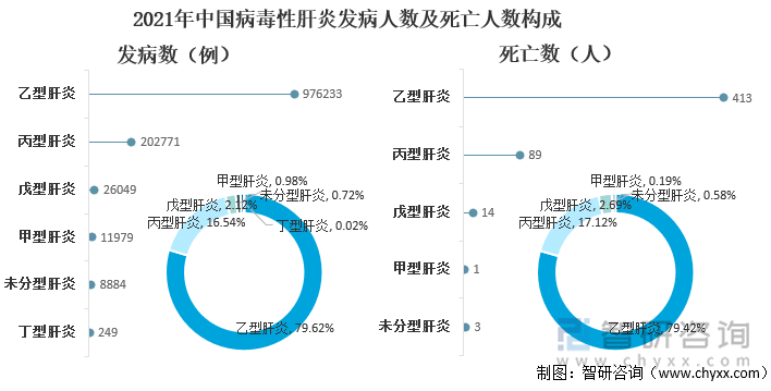 2021年中国病毒性肝炎发病人数及死亡人数构成