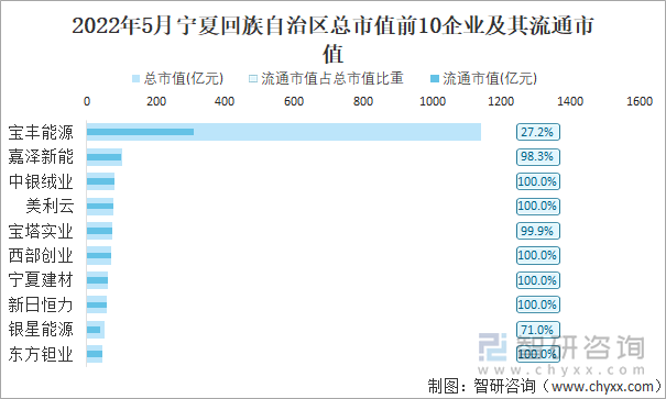 2022年5月宁夏回族自治区A股上市总市值前10强企业及其流通市值