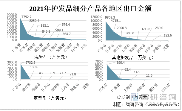 2021年护发品细分产品各地区出口金额