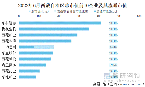 2022年6月西藏自治区A股上市总市值前10强企业及其流通市值