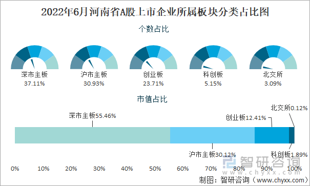 2022年6月河南省A股上市企业所属板块分类占比图