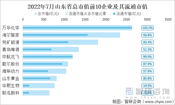 2022年7月山东省A股上市总市值前10强企业及其流通市值