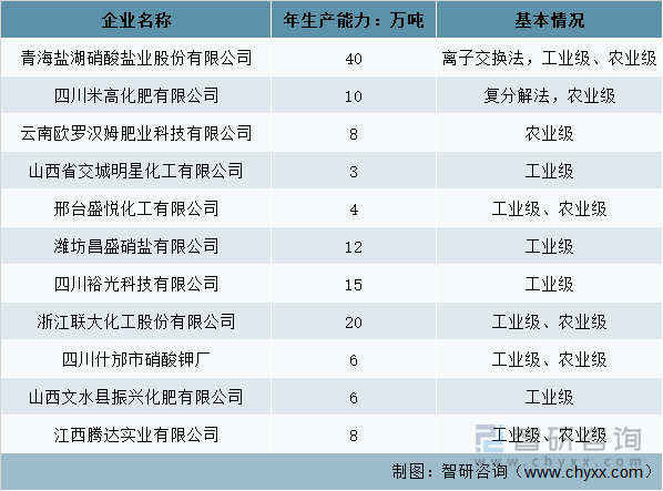 国内硝酸钾市场主要供应商产能统计