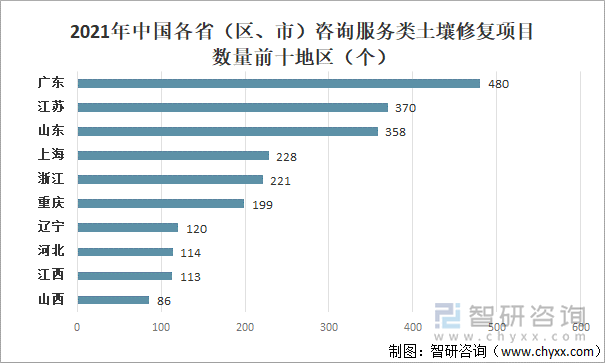 2021年中国各省（区、市）咨询服务类土壤修复项目数量前十地区