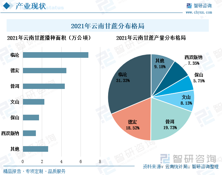 临沧、德宏、普洱是云南甘蔗的主产区，沿澜沧江分布，水源充足。2021年临沧甘蔗播种面积和产量居全省首位，甘蔗种植6.79万公顷，产量达到496.23万吨，占全省甘蔗产量的31.33%。其次是普洱和德宏，产量占比分别为19.73%、18.52%。