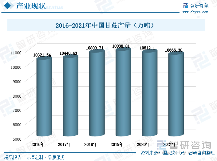 2016-2021年中国甘蔗产量呈先升后降的趋势，整体波动幅度不大。2019年中国甘蔗产量升至峰值，达到10938.81万吨，随后呈现出小幅度下降的趋势，2021年产量为10666.38万吨，同比下降了1.35个百分点。