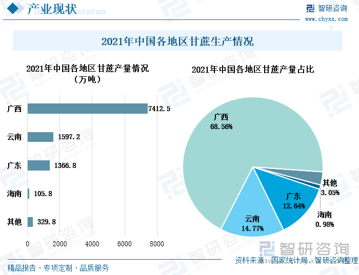 甘蔗生长喜湿喜热，多生长在热带和亚热带地区，中国甘蔗的主产区均分布在南部城市。2021年广西的甘蔗产量为全国第一，达到7412.5万吨，占到全国当年产量的68.56%。其次云南和广东也是中国甘蔗的主产区，2021年起甘蔗产量占比依次为14.77%、12.64%。