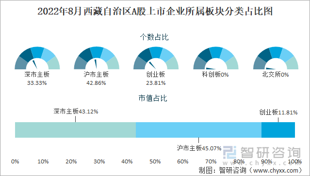 2022年8月西藏自治区A股上市企业所属板块分类占比图