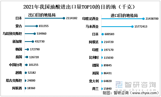 2021年我国油酸进出口量TOP10的目的地（千克）