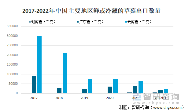 2017-2022年中国主要地区鲜或冷藏的草菇出口数量