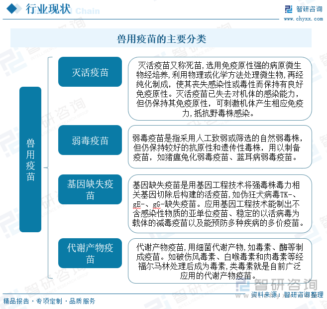 就目前而言，我国常用的兽用疫苗主要分为灭活疫苗、弱毒疫苗、基因缺失疫苗和代谢产物疫苗四大类，其中灭活疫苗又称为死苗，已经丧失感染性或者毒性，但仍然保持良好的免疫原性，可刺激机体产生相应免疫力，抵抗野毒株感染；而弱毒疫苗与之相反，它被称为活苗，指采用人工致弱或筛选的自然弱毒株，但仍保持较好的抗原性和遗传性毒株；基因缺失疫苗是用基因工程技术将强毒株毒力相关基因切除后构建的活疫苗，具有安全、有效、免疫应答长久、联合免疫易于实现等优点；代谢产物疫苗是用细菌代谢产物，如毒素、酶等制成疫苗，其中类毒素是目前广泛应用的代谢产物疫苗。