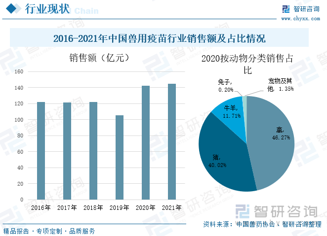 中国兽用疫苗行业销售额从2016年的121.89亿元增长至2021年的145亿元，期间2019年的销售额受非洲猪瘟的影响下降，为105.3亿元，较2018年下降13.7个百分点。2020年其销售额按动物种类划分为禽、猪、兔子、宠物及其他，所占比重分别为46.27%、40.02%、0.2%、1.35%，由此可见，目前兽用疫苗主要是以禽用疫苗和猪用疫苗为主，这与行业市场需求息息相关。