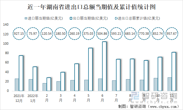 近一年湖南省进出口总额当期值及累计值统计图