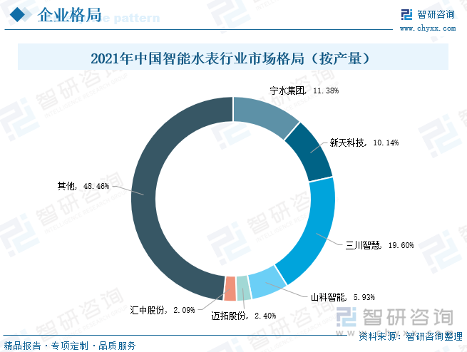 当前我国智能水表市场格局较为集中，行业存在综合实力较为强劲的龙头企业。根据企业年报数据显示，2021年国内部分智能水表重点企业如三川智慧、宁水集团、新天科技、山科智能、迈拓股份、汇中股份的智能水表产量分别为723.22、419.78、373.92、218.84、88.56、77.04万台，占据全国智能水表市场份额分别为11.38%、10.14%、19.6%、5.93%、2.4%、2.09%,上述6家重点企业市场份额合计为51.54%。