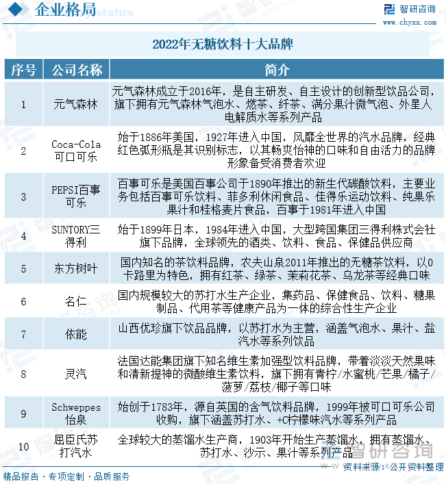 无糖饮料界的产业浪潮正在席来，政策鼓励饮料界从“高糖”向“低糖”、“无糖”升级，与此同时，消费者开始主动追求“健康”，在这样的双轮驱动背景下，无糖饮料企业也将迎来更多的发展机遇。2022年中国无糖饮料品牌居于前十的有:元气森林、Coca-Cola可口可乐、PEPSI百事可乐、SUNTORY三得利、东方树叶、名仁、依能、灵汽、Schweppes怡泉、屈臣氏苏打汽水。