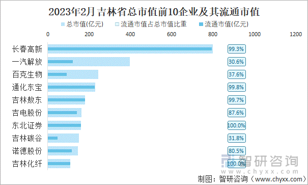 2023年2月吉林省总市值前10企业及其流通市值