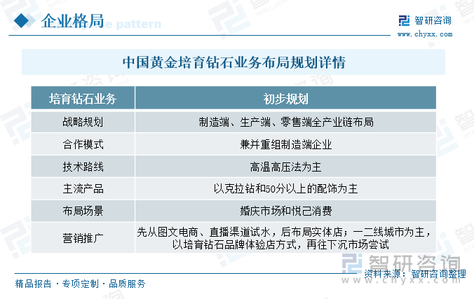 中国黄金作为珠宝行业唯一上市的央企，主营业务以黄金为主，培育钻石作为将要布局的新品类，其发展不会对原有黄金业务造成负面影响。此外，钻石消费较为注重线下体验，门店是培育钻石产品迅速发展、提升与消费者接触次数的基础，中国黄金的终端门店数量处于行业第一梯队，且已实现全国性的覆盖，未来在终端门店销售培育钻石产品时，能够迅速的打开市场。作为黄金行业的央企龙头，中国黄金开展培育钻石新兴业态，不仅为自身的业务发展增加了第二条发展方向，而且有望推动培育钻石行业规范化、规模化发展，大幅提升国内培育钻石的终端消费规模，提升我国培育钻石行业在全球的影响力。