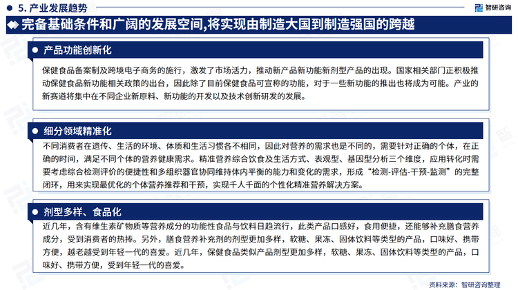 从产品看，随着消费者消费素养的提高及社会形态的变化，新时代消费者消费意识随之变化，更加看重产品质量、产品安全。膳食营养补充剂产业也将迎来了科研与产业转化的新时期，市场将呈现百花齐放百家争鸣的状态，除了品牌企业外，其他优质企业也获得较多发展机遇。