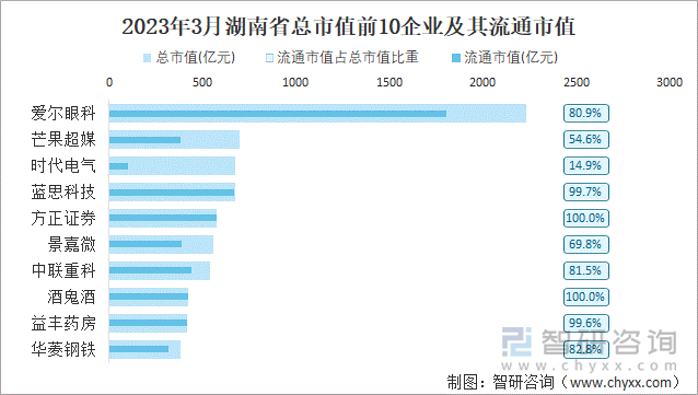 2023年3月湖南省总市值前10企业及其流通市值