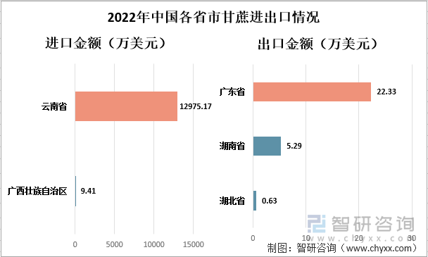 2022年中国各省市甘蔗进出口情况