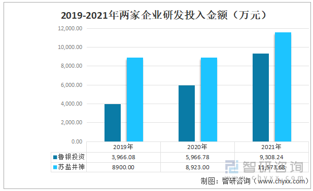 2019-2021年两家企业的研发投入金额均是增加的，苏盐井神的研发投入金额要高于鲁银投资的研发投入金额，鲁银投资的研发投入占比在2021年超过苏盐井神的研发投入占比。2019年鲁银投资的研发投入金额为3966.08万元，占比为1.75%，苏盐井神的研发投入金额为8900万元，占比为2.12%；2021年鲁银投资的研发投入金额上涨到9308.24万，占比为3.08%，苏盐井神的研发投入金额为11573.68万元，占比为2.43%，两家企业的研发投入金额接近。2019-2021年月两家企业研发投入金额（万元）