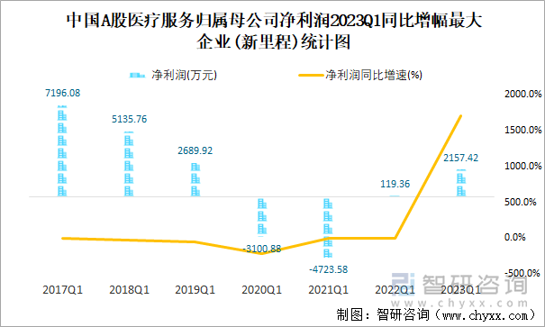 中国A股医疗服务归属母公司净利润2023Q1同比增幅最大企业(新里程)统计图