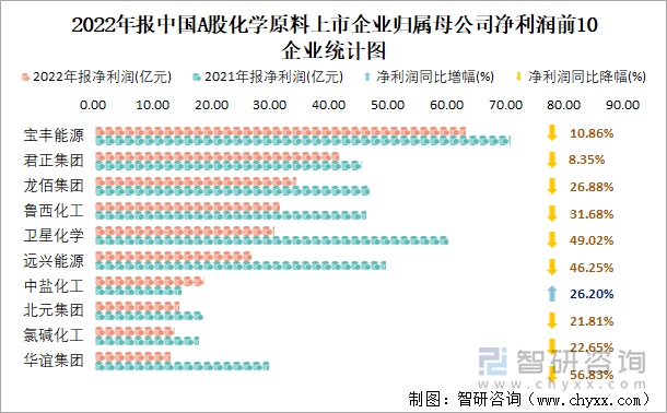 2022年报中国A股化学原料上市企业归属母公司净利润前10企业统计图