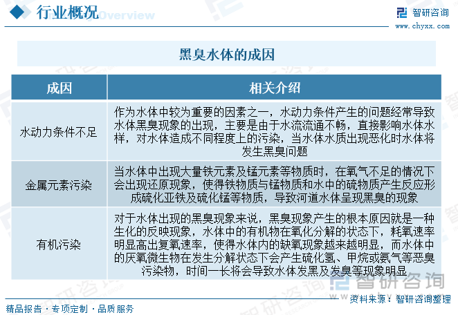 水体黑臭是一种严重的水污染现象，它会使水体完全丧失使用功能，并影响景观以及人类生活和健康。黑臭水体产生的原因有很多，大致原因可分为水动力条件不足、金属元素污染及有机污染这几个方面。