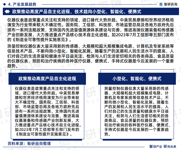 测量控制仪器仪表大量采用新的传感器、大规模和超大规模集成电路、计算机及专家系统等信息技术产品，不断向微小型化、智能化发展。随着生产的发展和人民生活水平的提高，人们对自己的生活质量和健康水平日益关注，检测与人们生活密切相关的各类商品、食品质量的仪器仪表，预防和治疗疾病的各种医疗仪器，便携式、手持式仪器是今后发展的一个重要趋势。