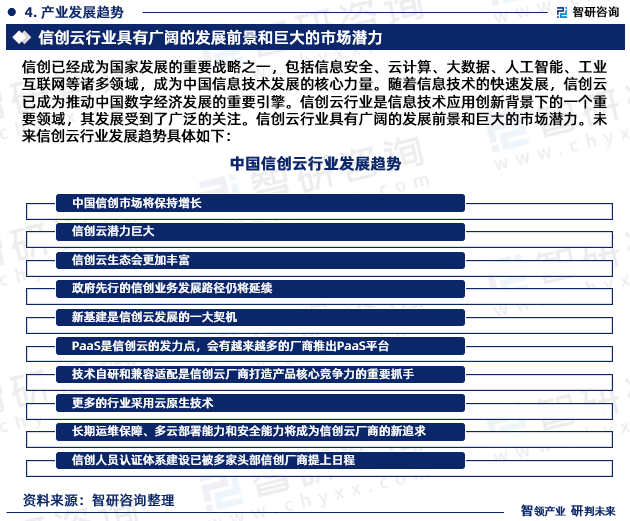 信创已经成为国家发展的重要战略之一，包括信息安全、云计算、大数据、人工智能、工业互联网等诸多领域，成为中国信息技术发展的核心力量。随着信息技术的快速发展，信创云已成为推动中国数字经济发展的重要引擎。信创云行业是信息技术应用创新背景下的一个重要领域，其发展受到了广泛的关注。信创云行业具有广阔的发展前景和巨大的市场潜力。未来信创云行业发展趋势具体如下：