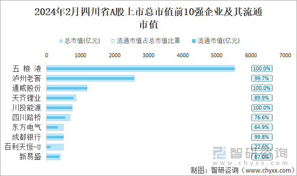 2024年2月四川省A股上市总市值前10强企业及其流通市值