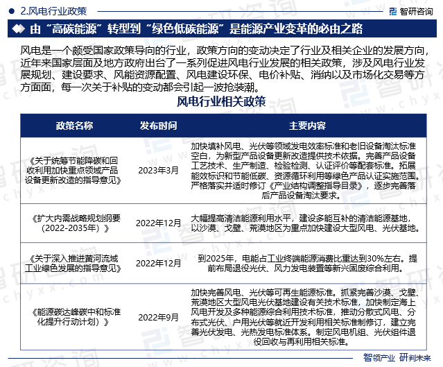 风电是一个颇受国家政策导向的行业，政策方向的变动决定了行业及相关企业的发展方向，近年来国家层面及地方政府出台了一系列促进风电行业发展的相关政策，涉及风电行业发展规划、建设要求、风能资源配置、风电建设环保、电价补贴、消纳以及市场化交易等方方面面，每一次关于补贴的变动都会引起一波抢装潮。