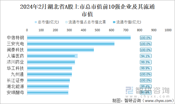 2024年2月湖北省A股上市总市值前10强企业及其流通市值