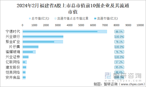 2024年2月福建省A股上市总市值前10强企业及其流通市值