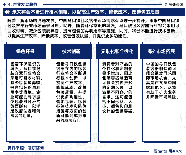 随着下游市场的飞速发展，中国马口铁包装容器市场需求有望进一步提升，未来中国马口铁包装容器行业市场前景可期，此外，随着环保意识的增强，马口铁包装容器行业将会采用可回收材料、减少包装废弃物、提高包装的再利用率等措施，同时，将会不断进行技术创新，以提高生产效率、降低成本、改善包装质量，并提供更多功能性。