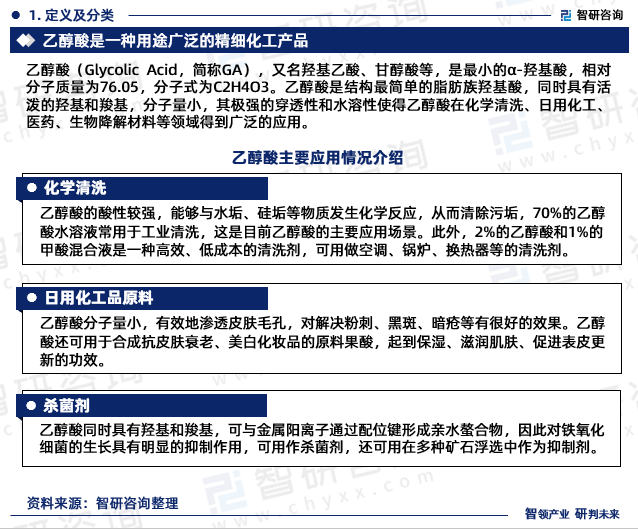 乙醇酸（Glycolic Acid，简称GA），又名羟基乙酸、甘醇酸等，是最小的α-羟基酸，相对分子质量为76.05，分子式为C2H4O3。乙醇酸是结构最简单的脂肪族羟基酸，同时具有活泼的羟基和羧基，分子量小，其极强的穿透性和水溶性使得乙醇酸在化学清洗、日用化工、医药、生物降解材料等领域得到广泛的应用。