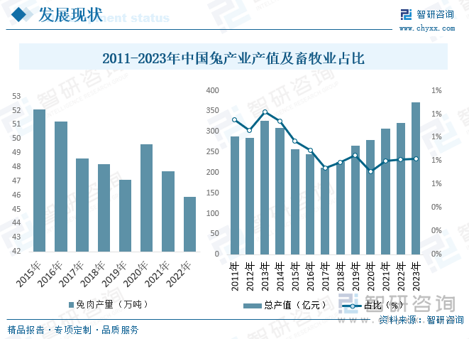 根据国家统计局数据，2021年我国兔肉产量45.6万t，受新冠肺炎疫情影响比上年下降了6.56%。由于家兔养殖规模性并且分散化，因此疫情对其影响很快过去，2022年兔肉产量进一步增长，达到45.9万t。预计2023年兔肉产量将有较大幅度增长，这是由于2021年受新冠肺炎疫情影响，兔肉产量下降了6.56%，2023年的高增速主要是恢复性增长。随着产量的增长，兔业产值也逐年上升。2023年预计达到331.51亿元，比上年增长3.07%。兔产业产值在畜牧业总产值中的比重也将达到0.82%。总体来看，在其他多数畜牧业品种不景气甚至亏损的情况下，2023年兔业的表现依然一枝独秀。2011-2023年中国兔产业产值及畜牧业占比