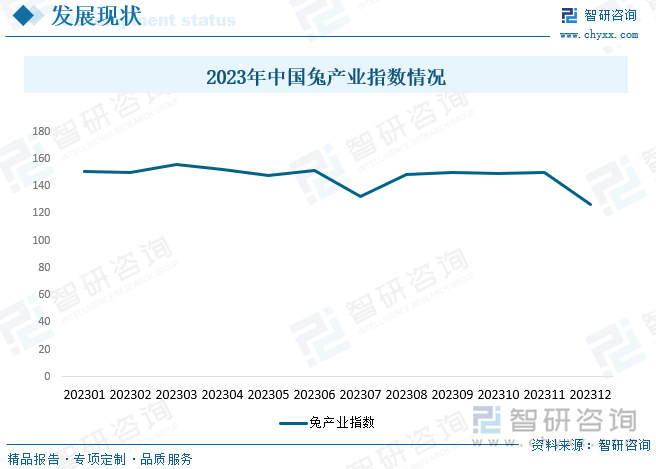 2020年新冠肺炎疫情爆发以来，兔产业受到较大冲击，但很快得以恢复，特别是2022年在多数畜种养殖利润很低或亏损情况下，肉兔养殖一直维持较高利润水平，2023年兔产业在逐步恢复的基础上稳步发展。2021—2023年兔产业指数①不断提高，分别为131.42、139.31和144.41。但从2023年月度指数来看，兔产业指数呈小幅波动下降趋势，由1月份的151.07下降到7月份的132.19，12月份进一步下降到126.58。2023年中国兔产业指数情况