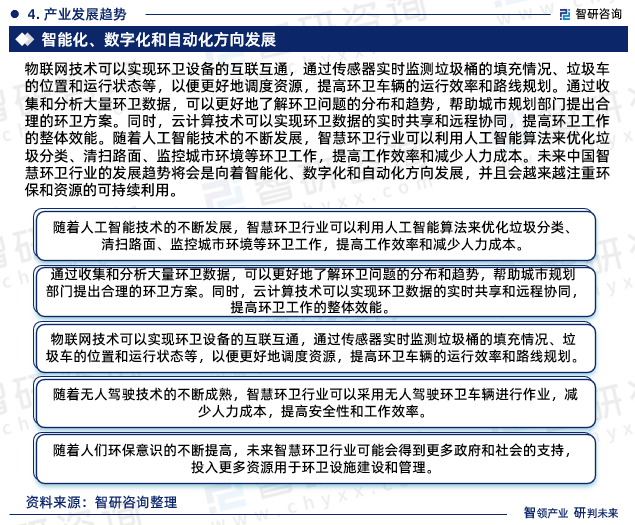 总的来说，未来中国智慧环卫行业的发展趋势将会是向着智能化、数字化和自动化方向发展，并且会越来越注重环保和资源的可持续利用。