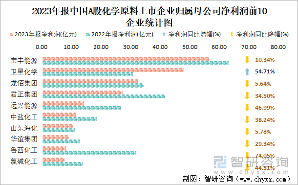 2023年报中国A股化学原料上市企业归属母公司净利润前10企业统计图