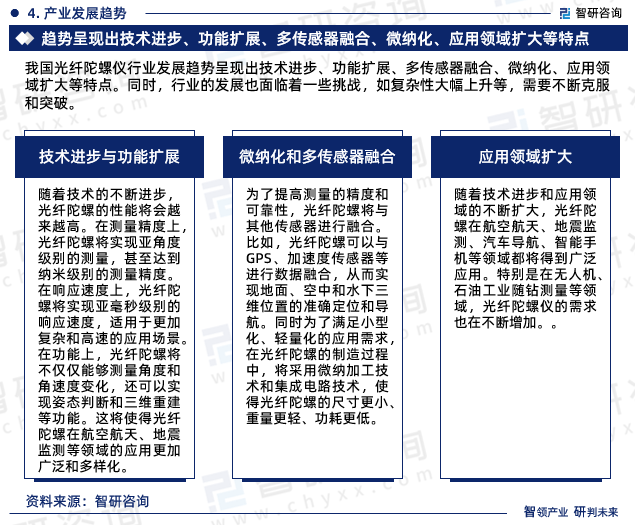 我国光纤陀螺仪行业发展趋势呈现出技术进步、功能扩展、多传感器融合、微纳化、应用领域扩大等特点。同时，行业的发展也面临着一些挑战，如复杂性大幅上升等，需要不断克服和突破。。