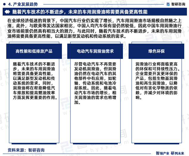 在全球经济低迷的背景下，中国汽车行业仍实现了增长，汽车用润滑油市场规模自然随之上涨，此外，与欧美等发达国家相比，中国人均汽车保有量仍然较低，因此中国车用润滑油行业市场前景仍然具有相当大的潜力，与此同时，随着汽车技术的不断进步，未来的车用润滑油将需要具备更高性能，以满足新型发动机和传动系统的需求。