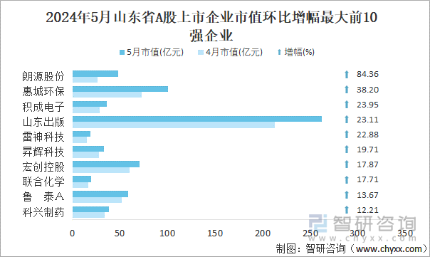 2024年5月山东省A股上市企业市值环比增幅最大前10强企业